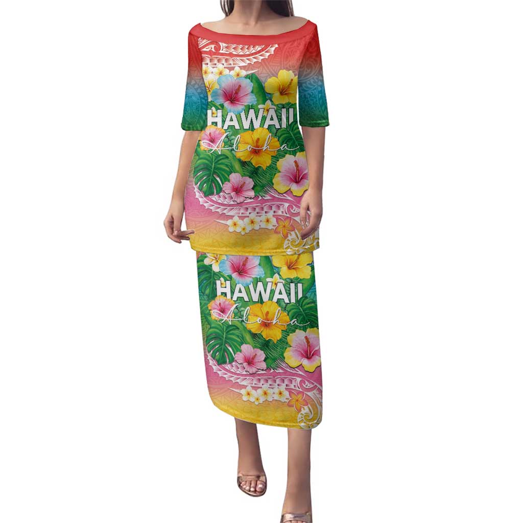 Hawaii Aloha Tropical Leaves and Flower Family Matching Puletasi and Hawaiian Shirt with Polynesian Art Tattoo Rainbow Color LT03 Mom's Dress Rainbow - Polynesian Pride
