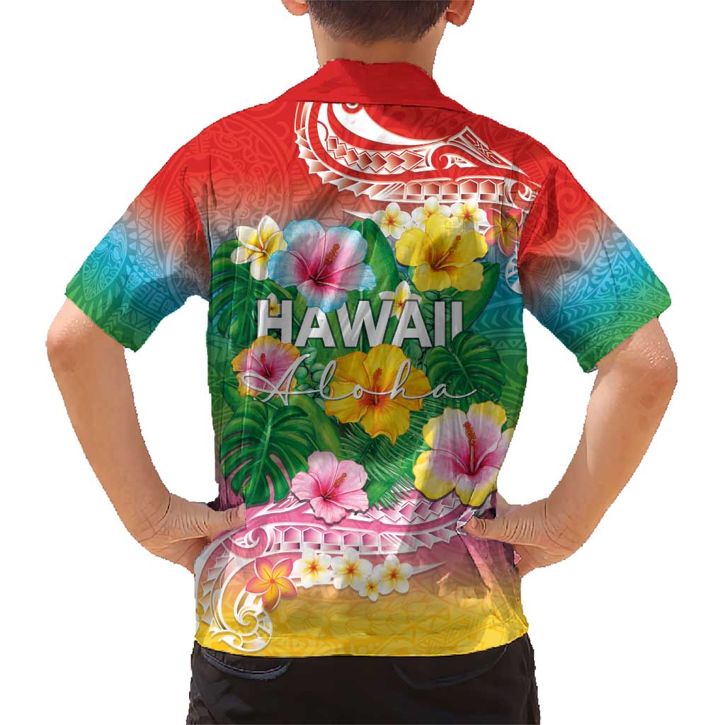 Hawaii Aloha Tropical Leaves and Flower Family Matching Short Sleeve Bodycon Dress and Hawaiian Shirt with Polynesian Art Tattoo Rainbow Color - Polynesian Pride