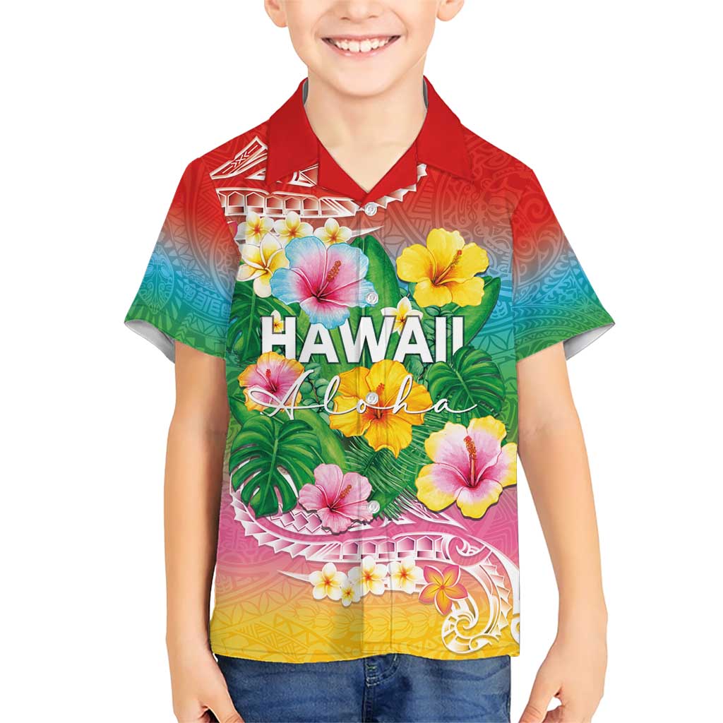 Hawaii Aloha Tropical Leaves and Flower Family Matching Short Sleeve Bodycon Dress and Hawaiian Shirt with Polynesian Art Tattoo Rainbow Color - Polynesian Pride