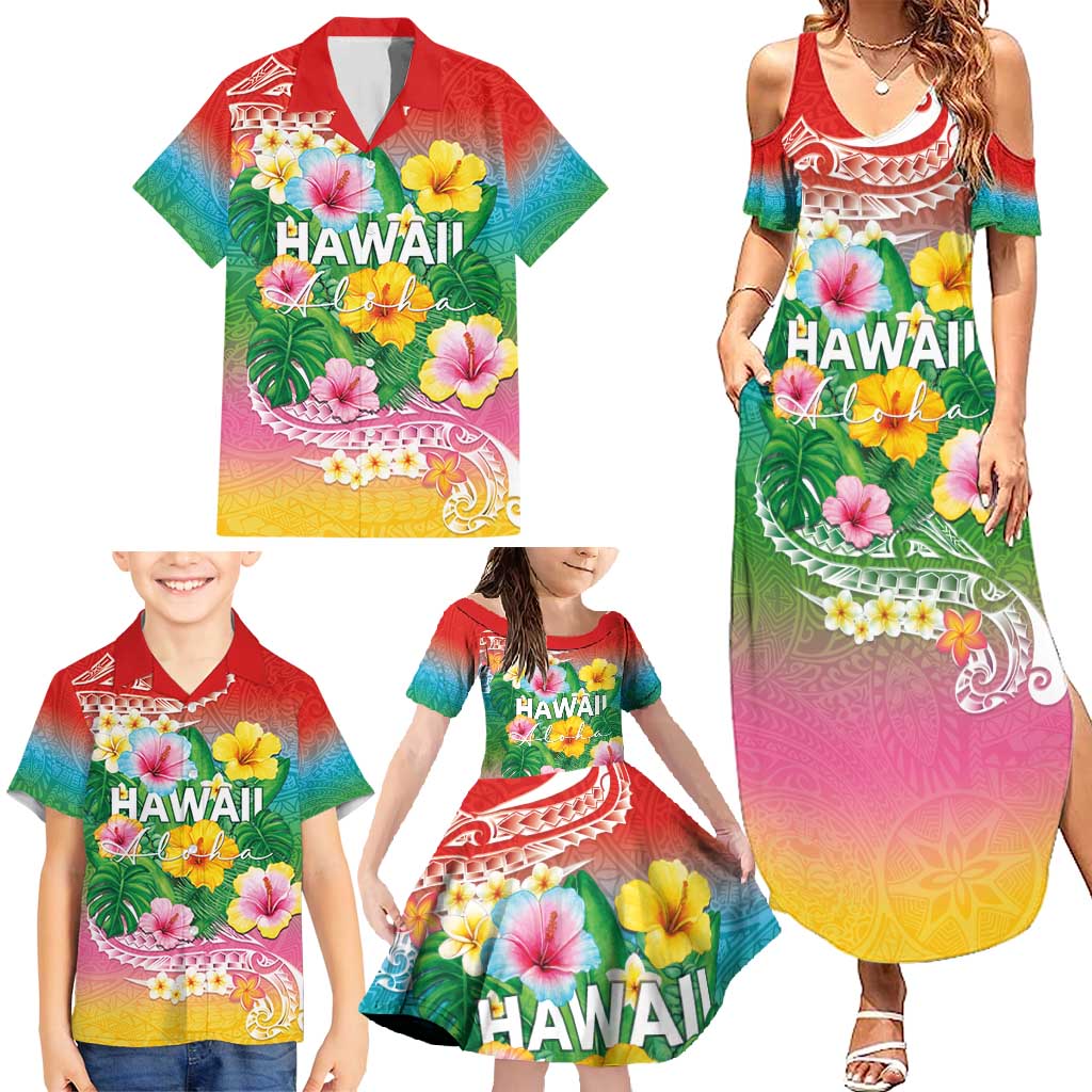 Hawaii Aloha Tropical Leaves and Flower Family Matching Summer Maxi Dress and Hawaiian Shirt with Polynesian Art Tattoo Rainbow Color LT03 - Polynesian Pride