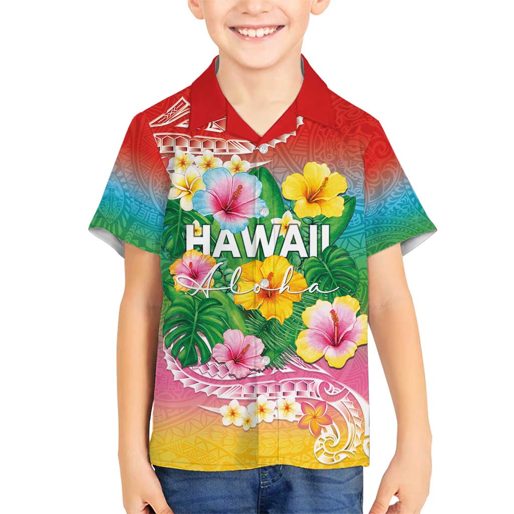 Hawaii Aloha Tropical Leaves and Flower Family Matching Summer Maxi Dress and Hawaiian Shirt with Polynesian Art Tattoo Rainbow Color LT03 Son's Shirt Rainbow - Polynesian Pride