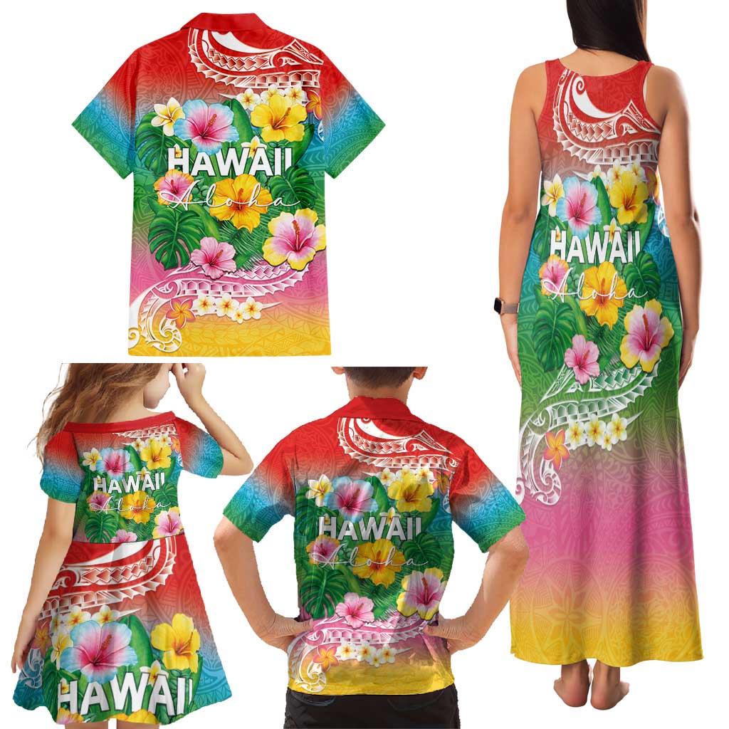 Hawaii Aloha Tropical Leaves and Flower Family Matching Tank Maxi Dress and Hawaiian Shirt with Polynesian Art Tattoo Rainbow Color LT03 - Polynesian Pride