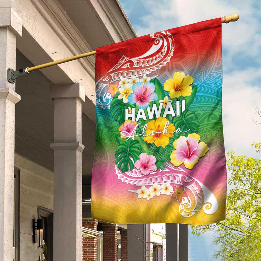 Hawaii Aloha Tropical Leaves and Flower Garden Flag with Polynesian Art Tattoo Rainbow Color LT03 House Flag Rainbow - Polynesian Pride