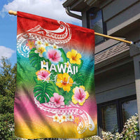 Hawaii Aloha Tropical Leaves and Flower Garden Flag with Polynesian Art Tattoo Rainbow Color LT03 - Polynesian Pride