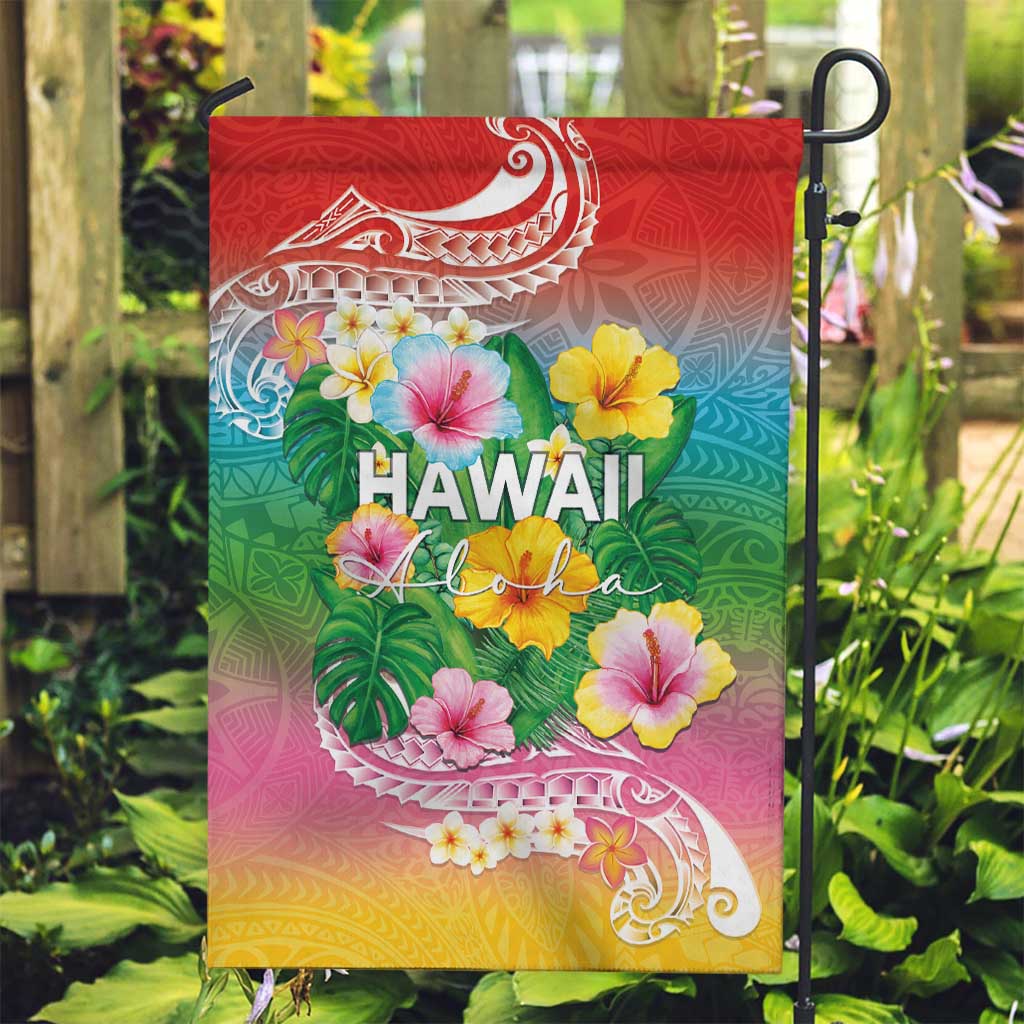 Hawaii Aloha Tropical Leaves and Flower Garden Flag with Polynesian Art Tattoo Rainbow Color LT03 Garden Flag Rainbow - Polynesian Pride