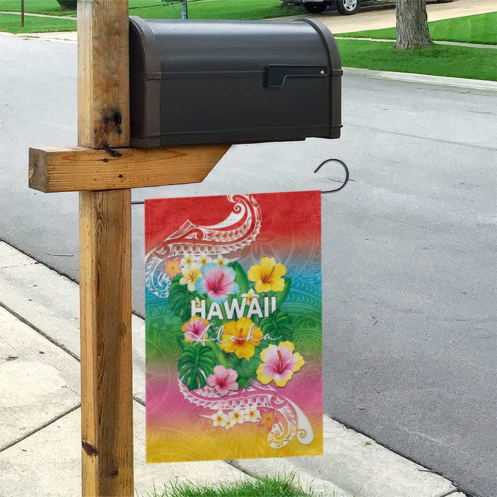 Hawaii Aloha Tropical Leaves and Flower Garden Flag with Polynesian Art Tattoo Rainbow Color LT03 - Polynesian Pride