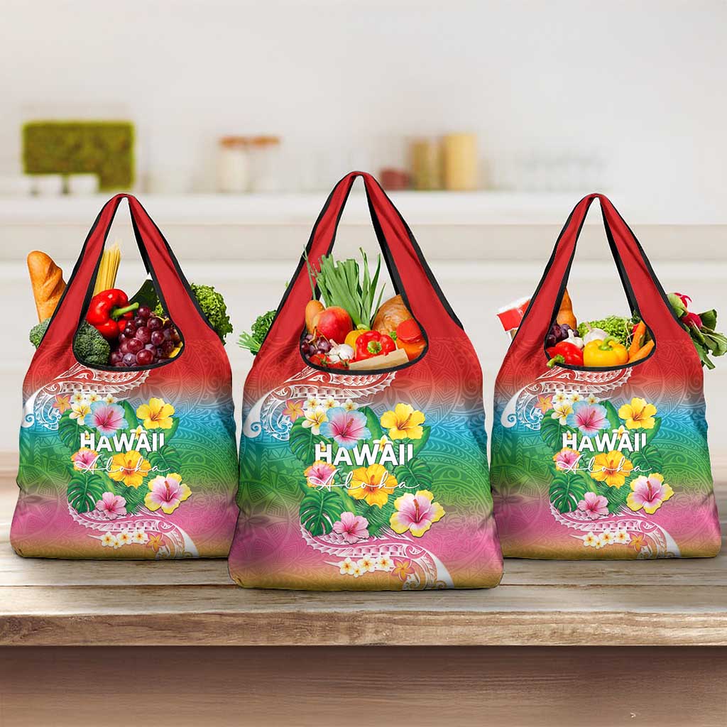 Hawaii Aloha Tropical Leaves and Flower Grocery Bag with Polynesian Art Tattoo Rainbow Color LT03 3-pack One Size Rainbow - Polynesian Pride