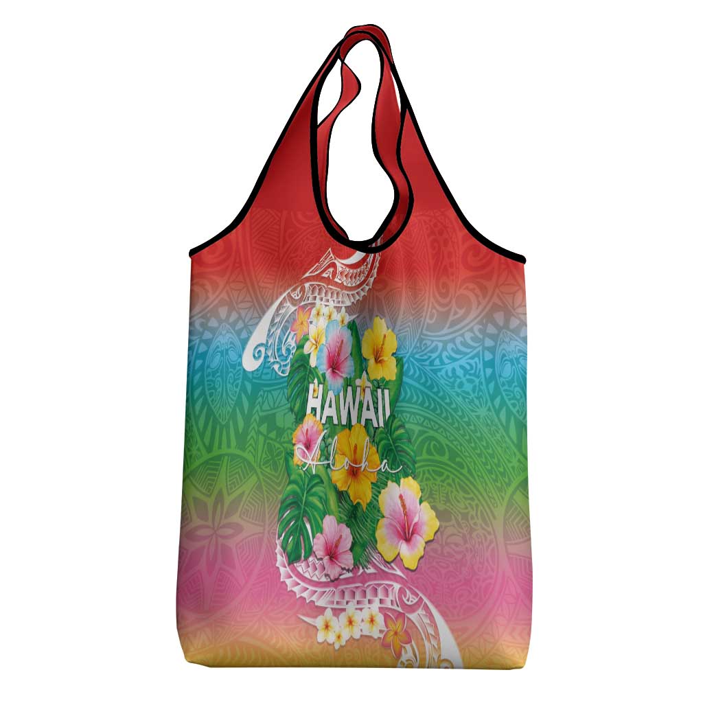 Hawaii Aloha Tropical Leaves and Flower Grocery Bag with Polynesian Art Tattoo Rainbow Color LT03 - Polynesian Pride