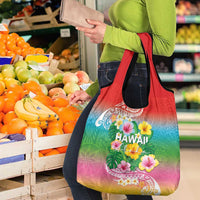 Hawaii Aloha Tropical Leaves and Flower Grocery Bag with Polynesian Art Tattoo Rainbow Color LT03 - Polynesian Pride