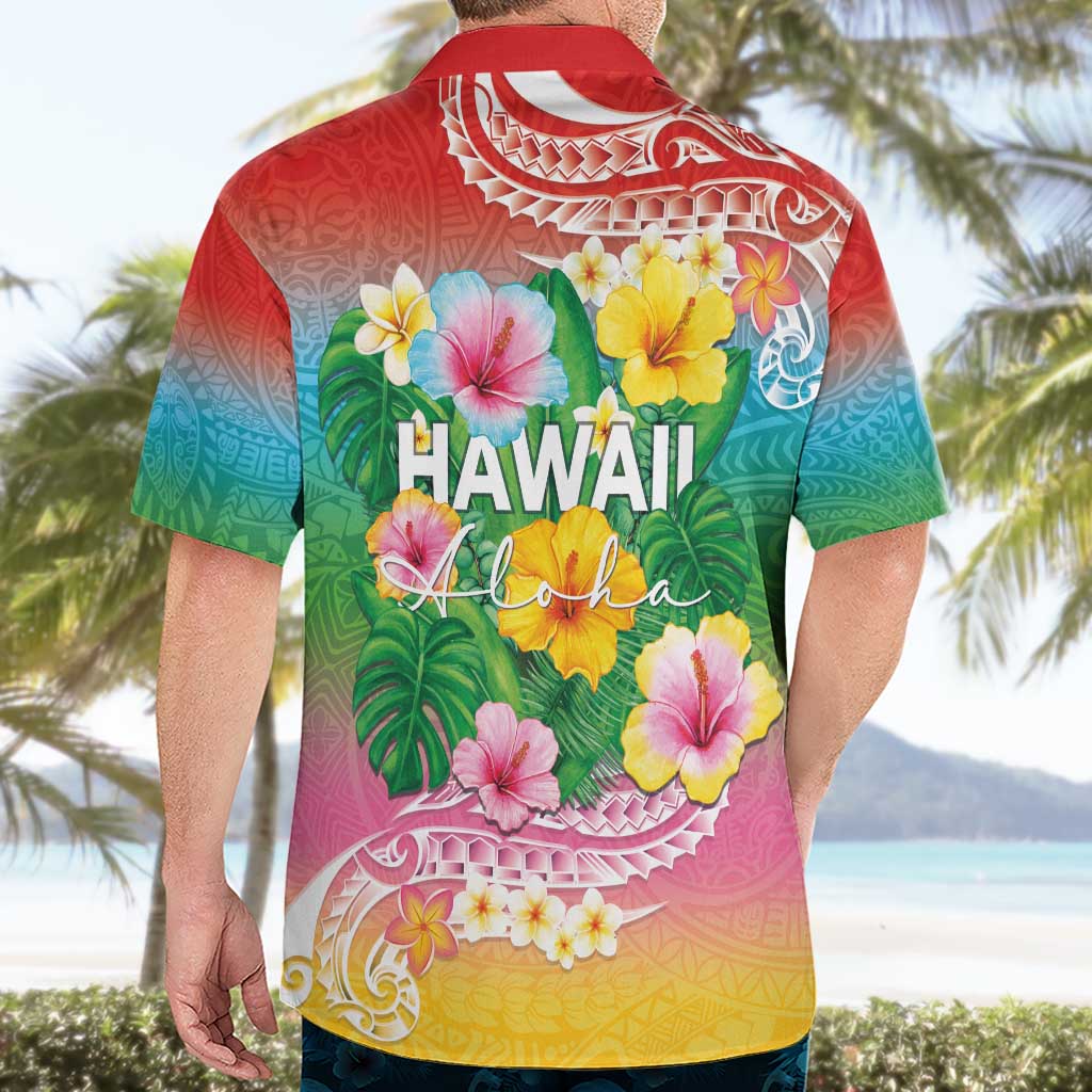 Hawaii Aloha Tropical Leaves and Flower Hawaiian Shirt with Polynesian Art Tattoo Rainbow Color LT03 - Polynesian Pride