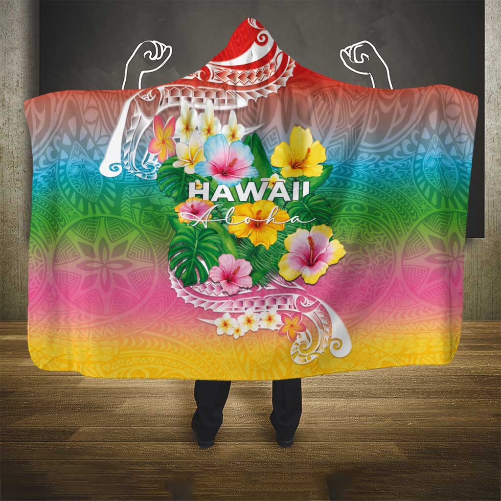 Hawaii Aloha Tropical Leaves and Flower Hooded Blanket with Polynesian Art Tattoo Rainbow Color LT03 - Polynesian Pride
