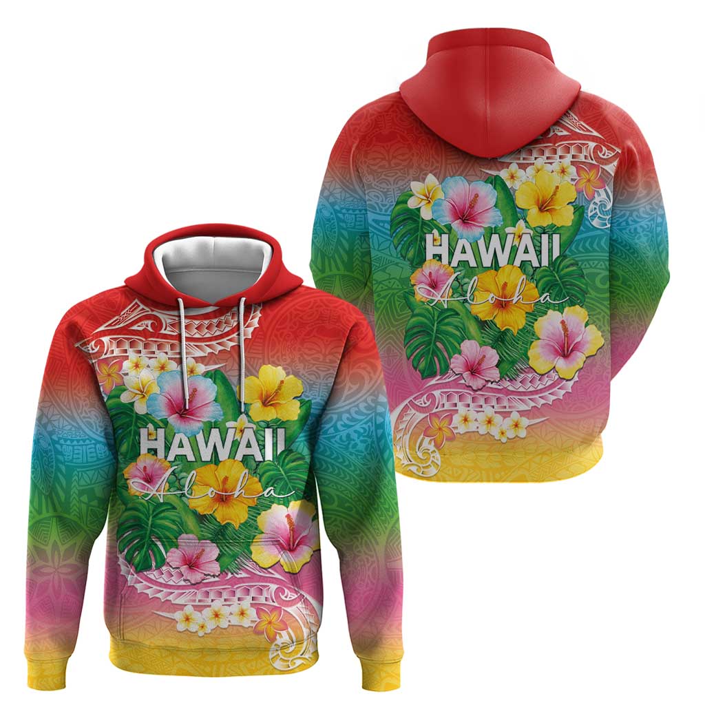Hawaii Aloha Tropical Leaves and Flower Hoodie with Polynesian Art Tattoo Rainbow Color LT03 - Polynesian Pride