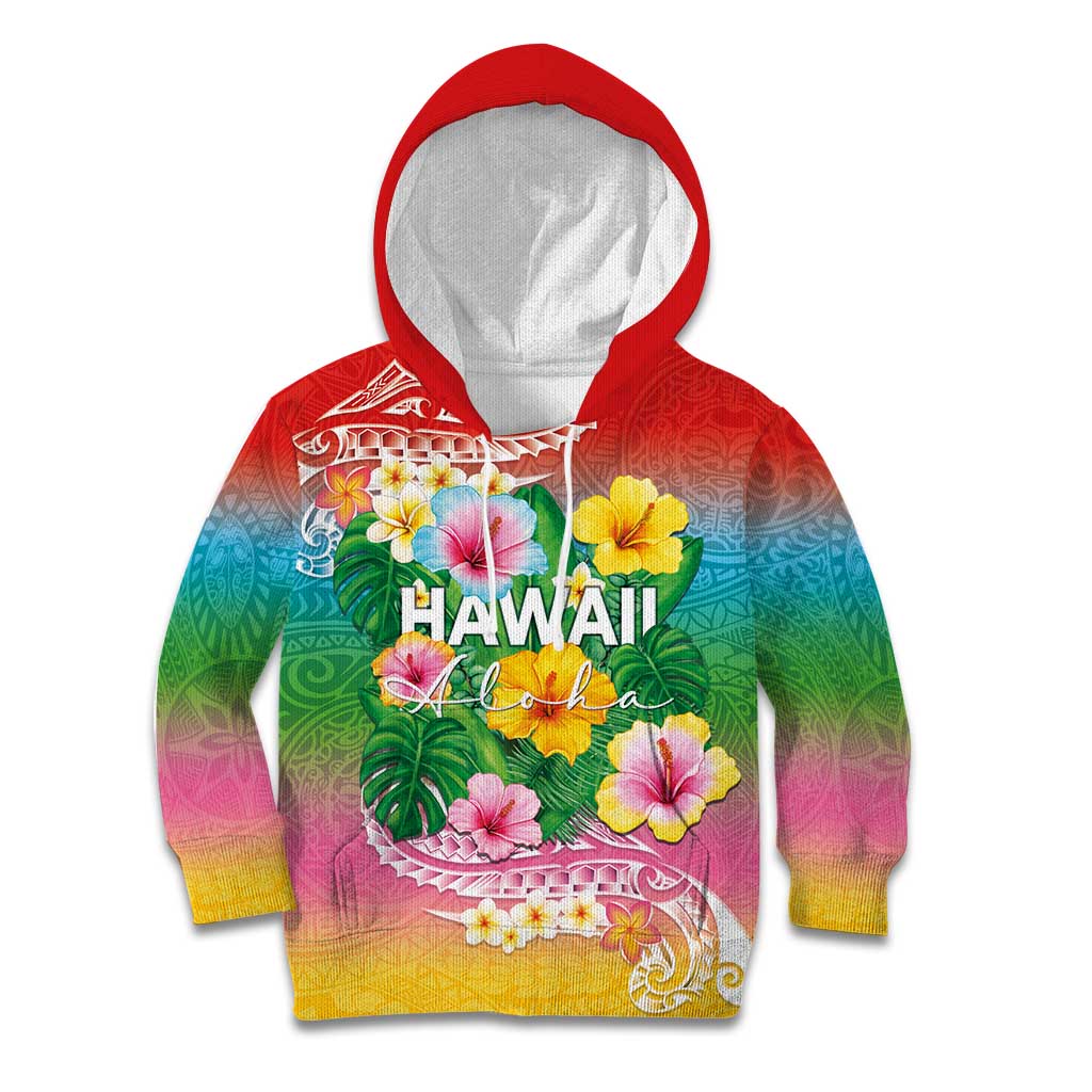 Hawaii Aloha Tropical Leaves and Flower Kid Hoodie with Polynesian Art Tattoo Rainbow Color LT03 Hoodie Rainbow - Polynesian Pride
