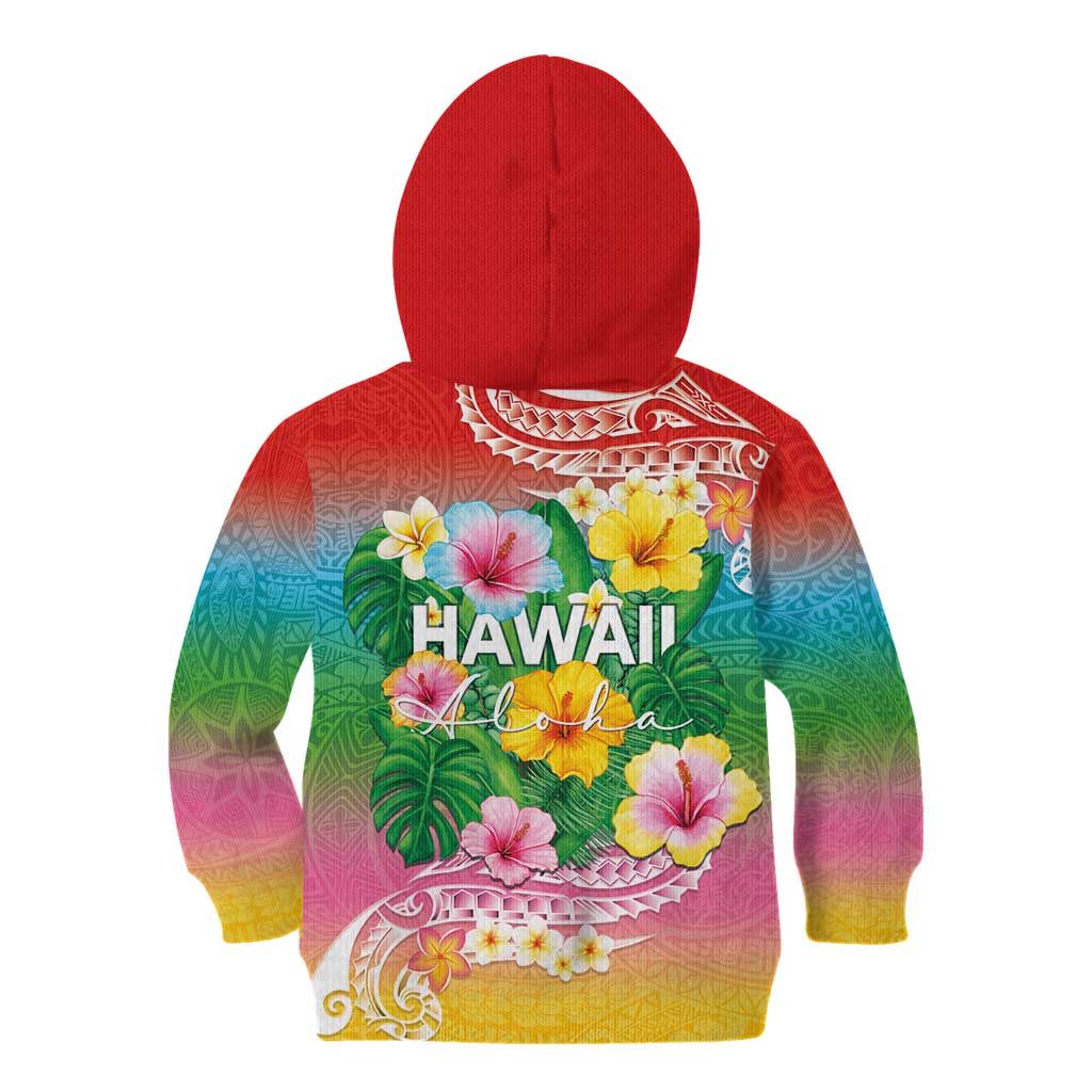 Hawaii Aloha Tropical Leaves and Flower Kid Hoodie with Polynesian Art Tattoo Rainbow Color LT03 - Polynesian Pride