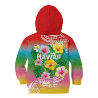 Hawaii Aloha Tropical Leaves and Flower Kid Hoodie with Polynesian Art Tattoo Rainbow Color LT03 - Polynesian Pride