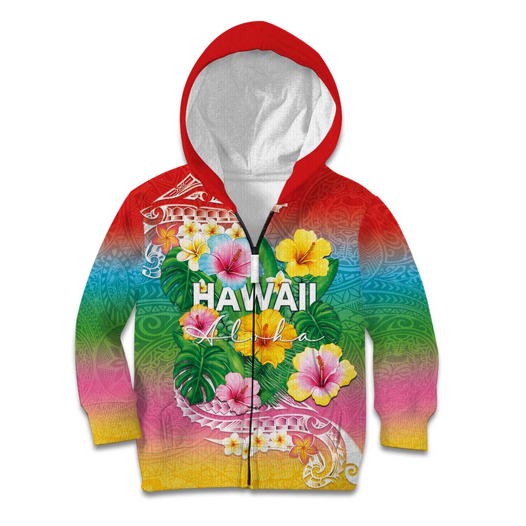 Hawaii Aloha Tropical Leaves and Flower Kid Hoodie with Polynesian Art Tattoo Rainbow Color LT03 Zip Hoodie Rainbow - Polynesian Pride