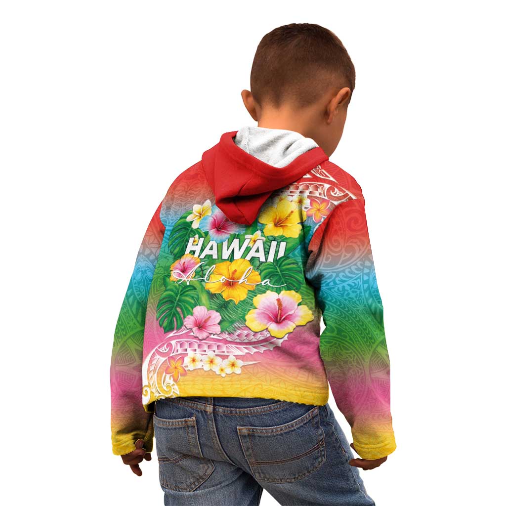 Hawaii Aloha Tropical Leaves and Flower Kid Hoodie with Polynesian Art Tattoo Rainbow Color LT03 - Polynesian Pride