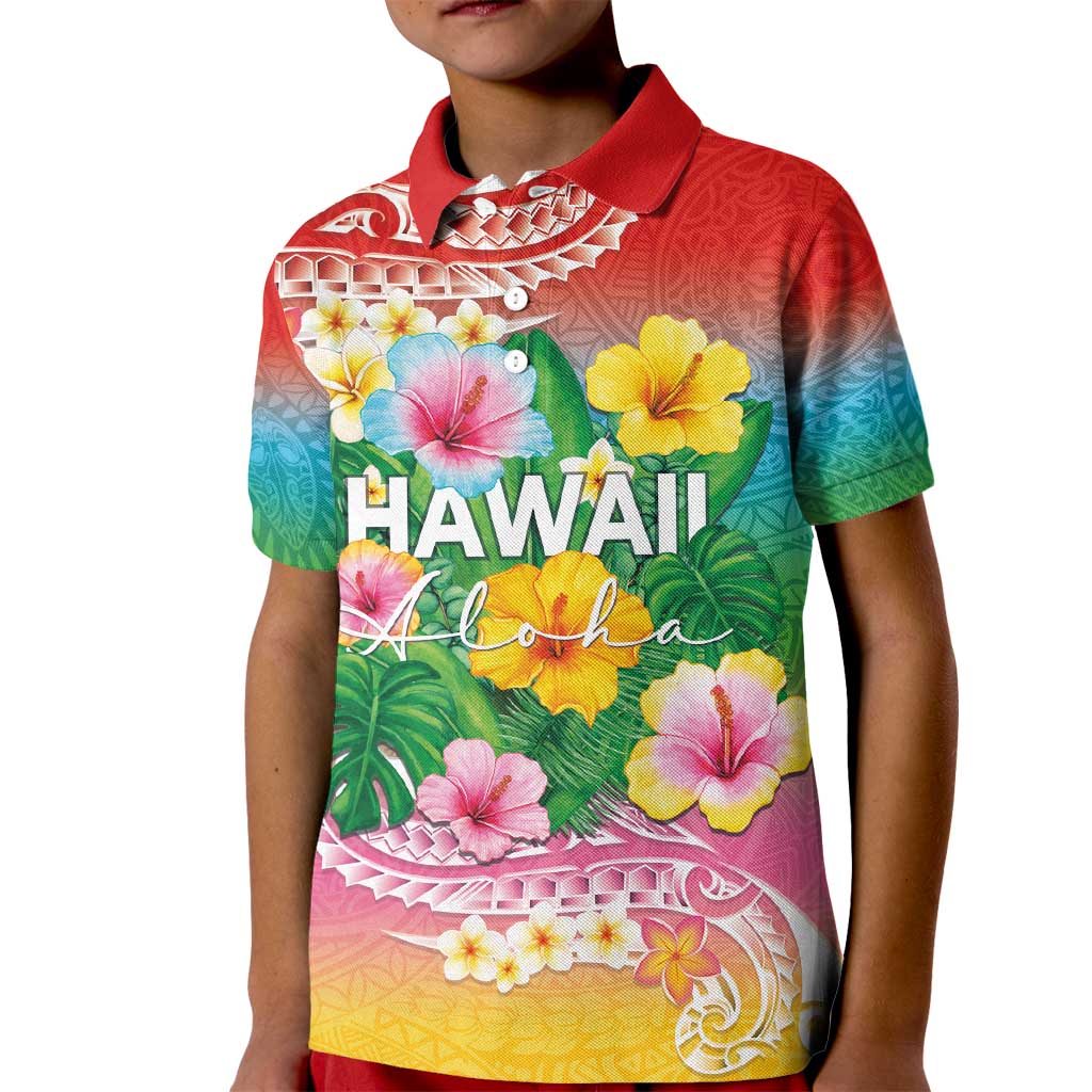 Hawaii Aloha Tropical Leaves and Flower Kid Polo Shirt with Polynesian Art Tattoo Rainbow Color LT03 Kid Rainbow - Polynesian Pride