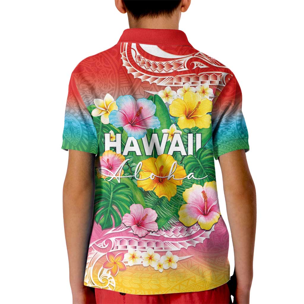 Hawaii Aloha Tropical Leaves and Flower Kid Polo Shirt with Polynesian Art Tattoo Rainbow Color LT03 - Polynesian Pride