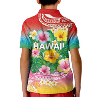 Hawaii Aloha Tropical Leaves and Flower Kid Polo Shirt with Polynesian Art Tattoo Rainbow Color LT03 - Polynesian Pride