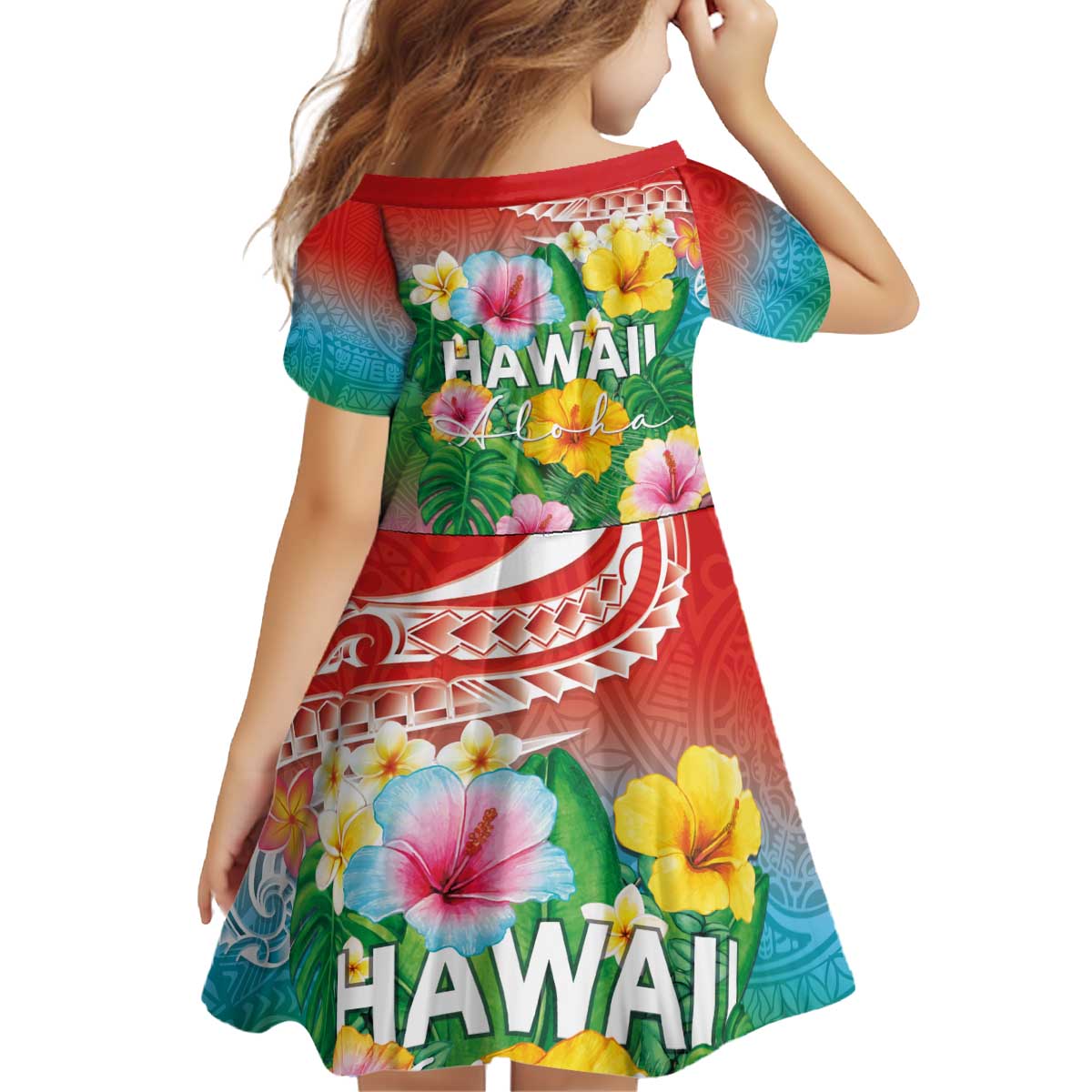 Hawaii Aloha Tropical Leaves and Flower Kid Short Sleeve Dress with Polynesian Art Tattoo Rainbow Color LT03 - Polynesian Pride