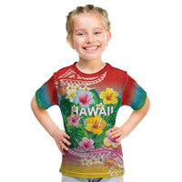Hawaii Aloha Tropical Leaves and Flower Kid T Shirt with Polynesian Art Tattoo Rainbow Color LT03 Rainbow - Polynesian Pride