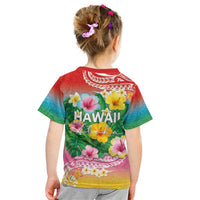 Hawaii Aloha Tropical Leaves and Flower Kid T Shirt with Polynesian Art Tattoo Rainbow Color LT03 - Polynesian Pride