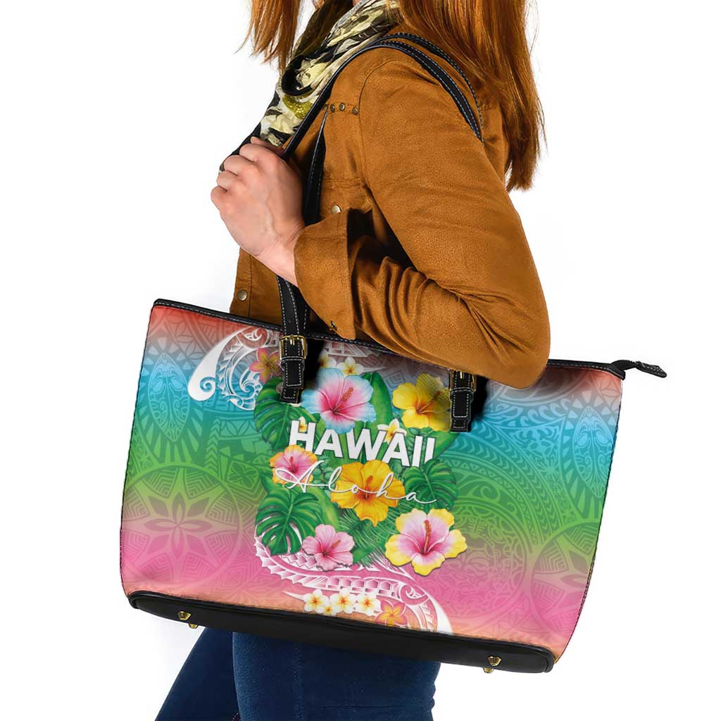 Hawaii Aloha Tropical Leaves and Flower Leather Tote Bag with Polynesian Art Tattoo Rainbow Color LT03 Rainbow - Polynesian Pride
