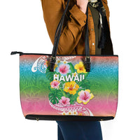 Hawaii Aloha Tropical Leaves and Flower Leather Tote Bag with Polynesian Art Tattoo Rainbow Color LT03 - Polynesian Pride