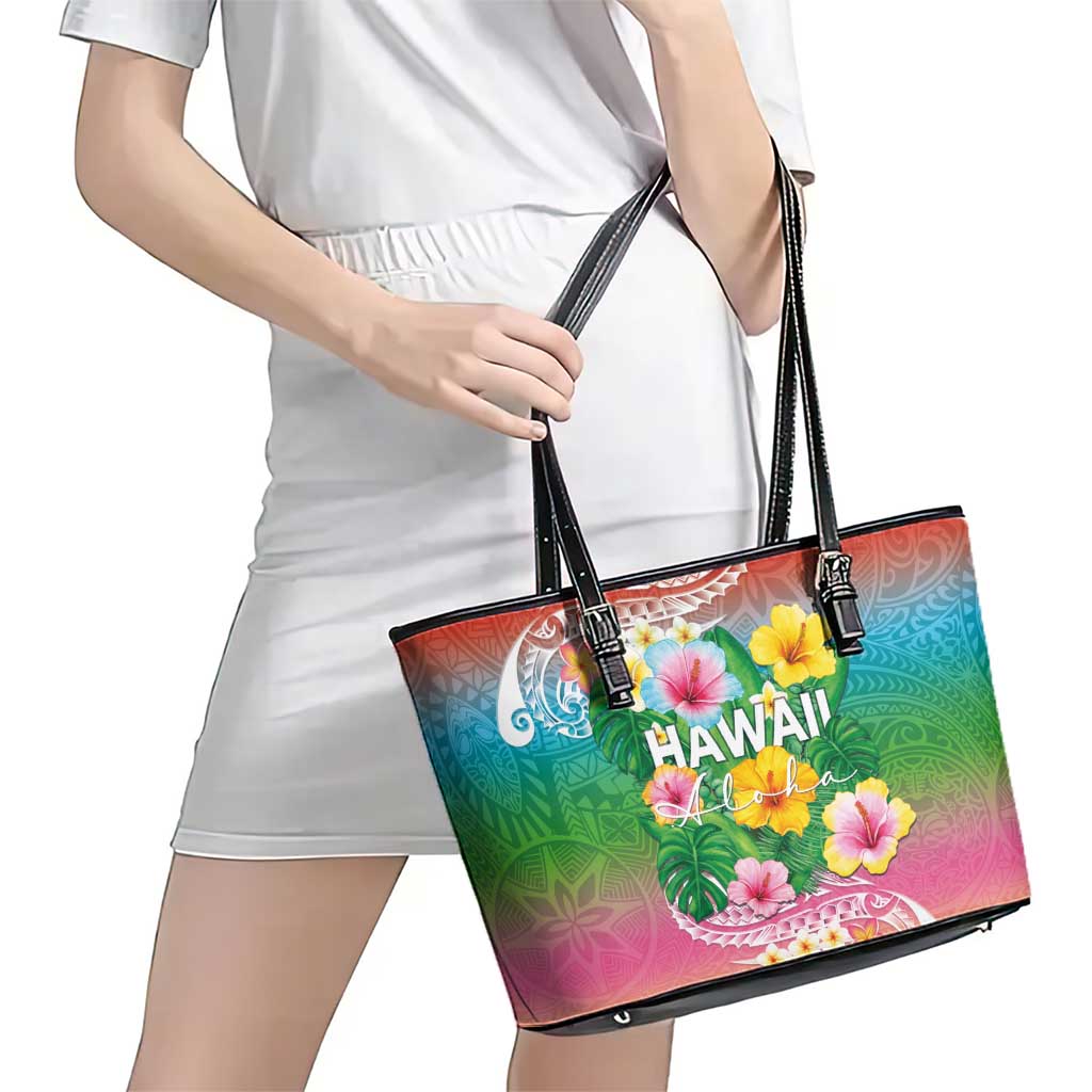 Hawaii Aloha Tropical Leaves and Flower Leather Tote Bag with Polynesian Art Tattoo Rainbow Color LT03 - Polynesian Pride