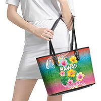 Hawaii Aloha Tropical Leaves and Flower Leather Tote Bag with Polynesian Art Tattoo Rainbow Color LT03 - Polynesian Pride