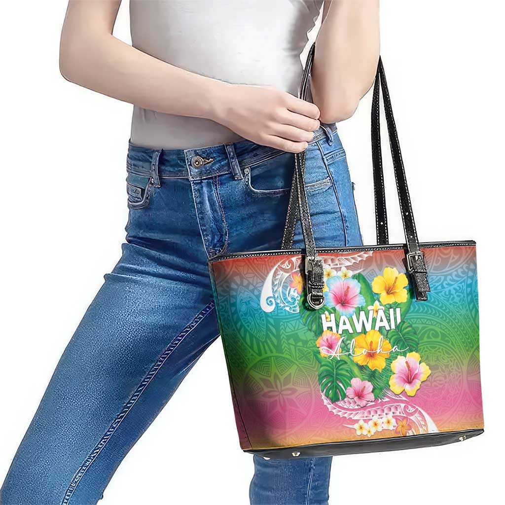 Hawaii Aloha Tropical Leaves and Flower Leather Tote Bag with Polynesian Art Tattoo Rainbow Color LT03 - Polynesian Pride