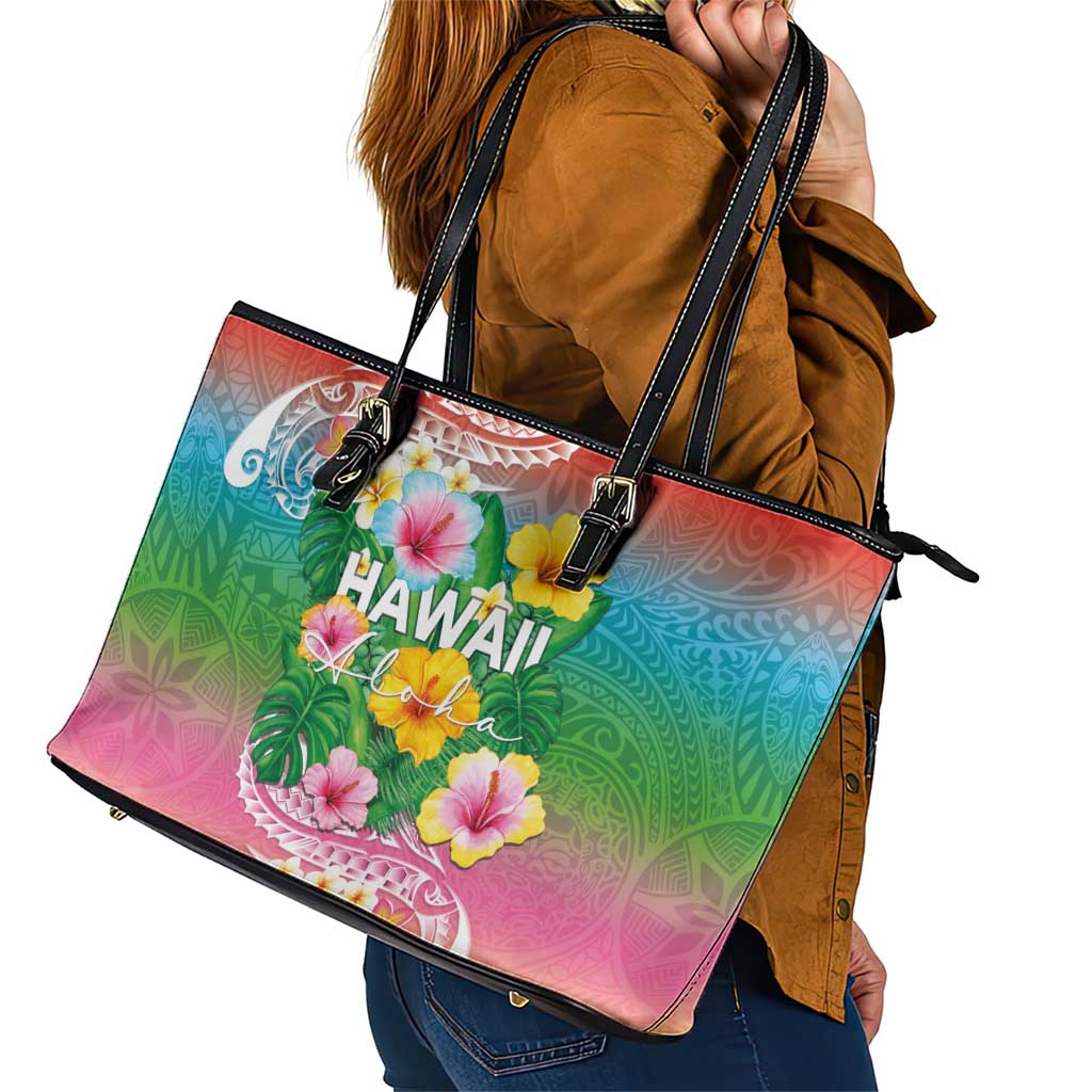 Hawaii Aloha Tropical Leaves and Flower Leather Tote Bag with Polynesian Art Tattoo Rainbow Color LT03 - Polynesian Pride