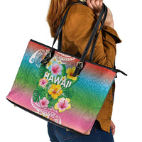 Hawaii Aloha Tropical Leaves and Flower Leather Tote Bag with Polynesian Art Tattoo Rainbow Color LT03 - Polynesian Pride