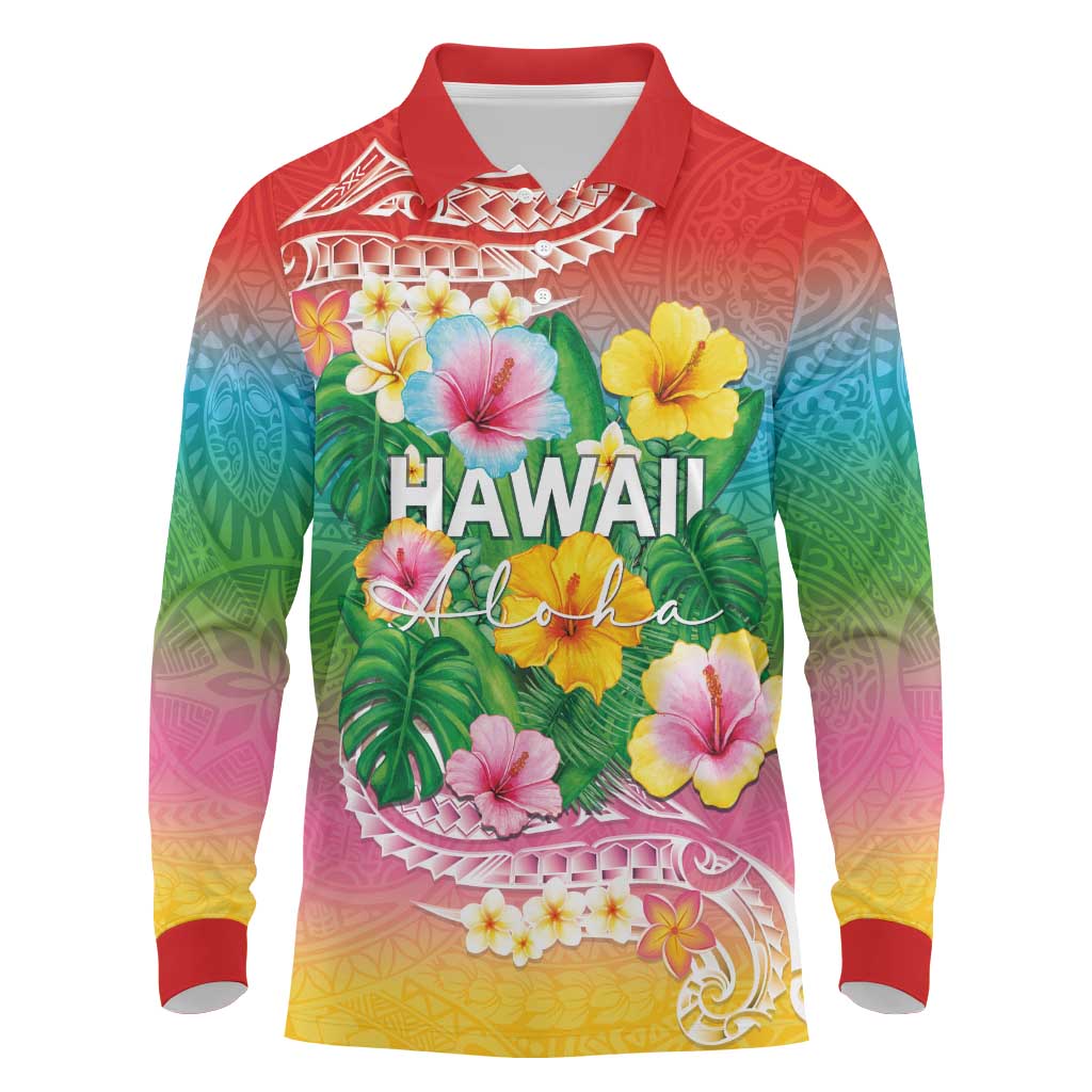 Hawaii Aloha Tropical Leaves and Flower Long Sleeve Polo Shirt with Polynesian Art Tattoo Rainbow Color LT03 Rainbow - Polynesian Pride