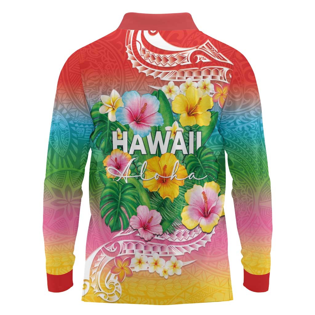Hawaii Aloha Tropical Leaves and Flower Long Sleeve Polo Shirt with Polynesian Art Tattoo Rainbow Color LT03 - Polynesian Pride