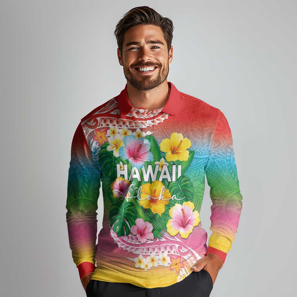 Hawaii Aloha Tropical Leaves and Flower Long Sleeve Polo Shirt with Polynesian Art Tattoo Rainbow Color LT03 - Polynesian Pride