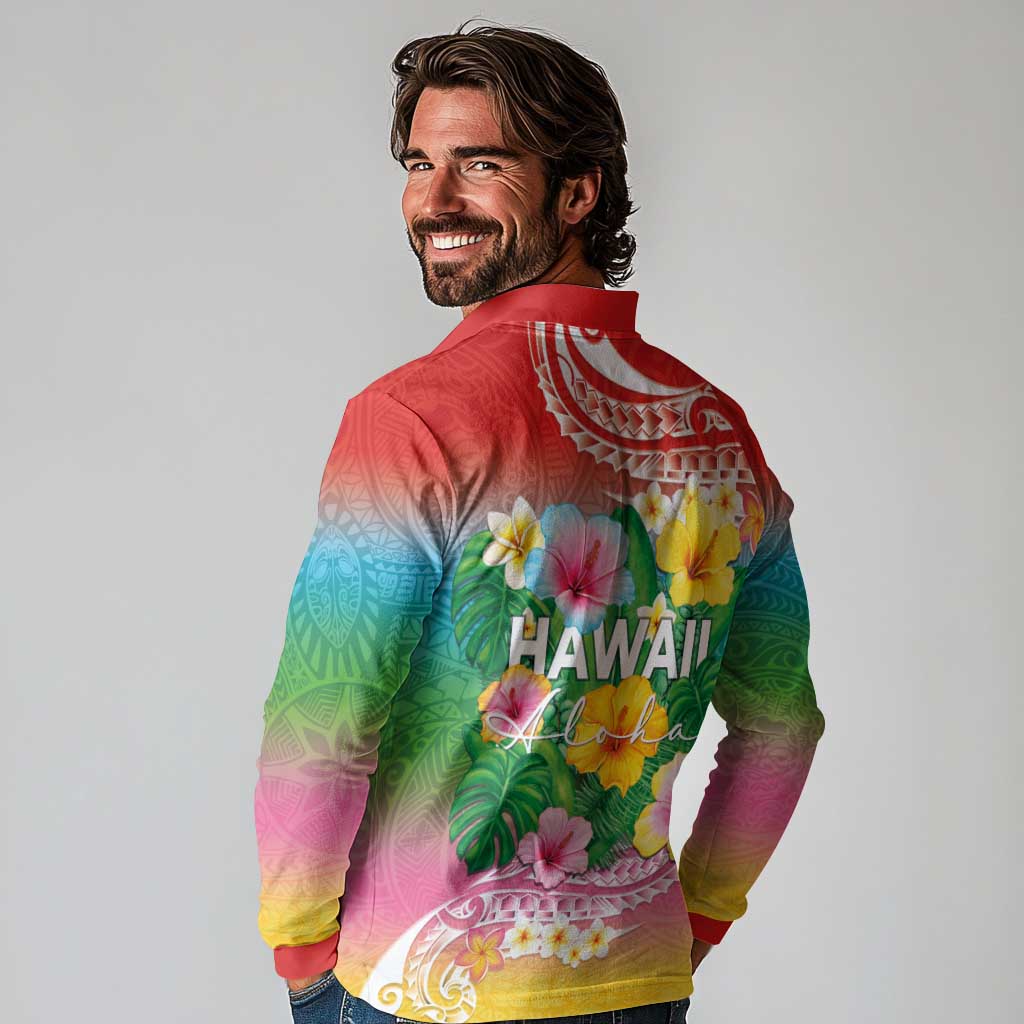 Hawaii Aloha Tropical Leaves and Flower Long Sleeve Polo Shirt with Polynesian Art Tattoo Rainbow Color LT03 - Polynesian Pride