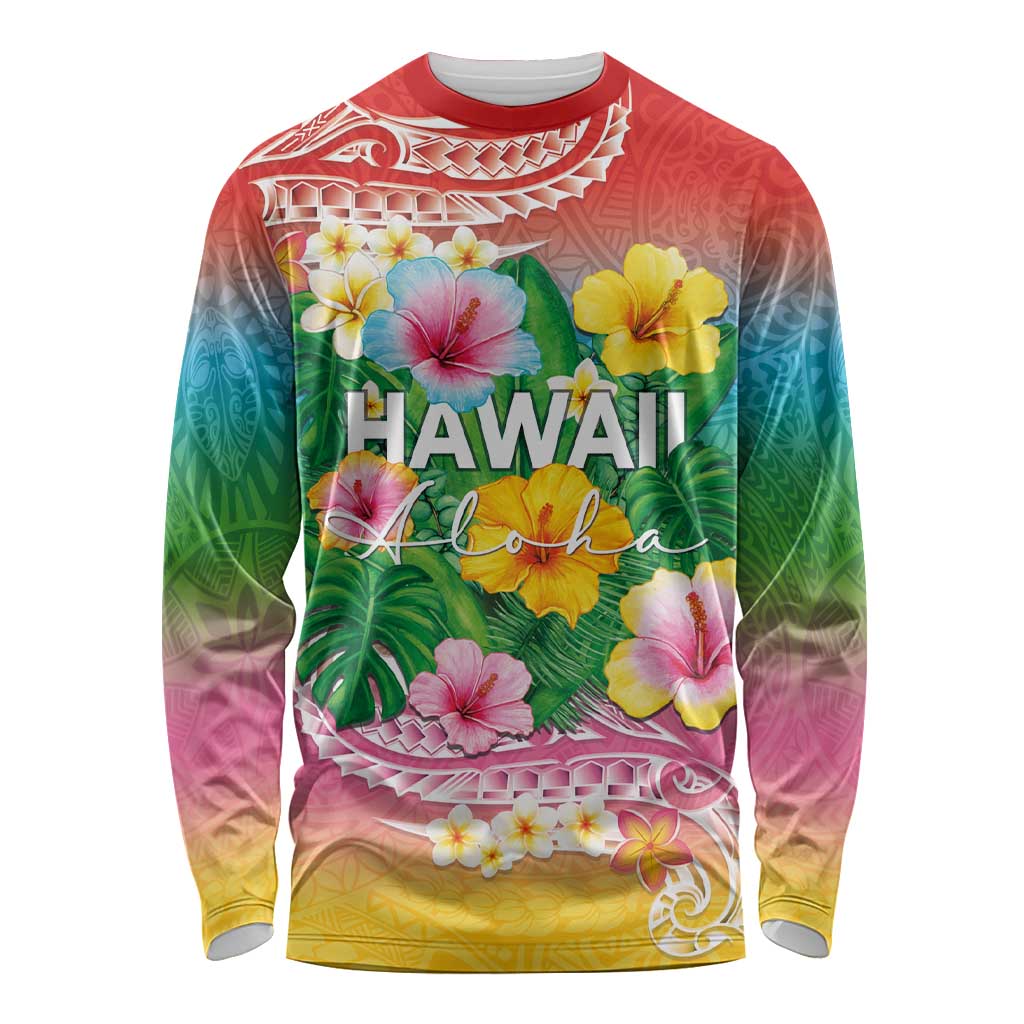 Hawaii Aloha Tropical Leaves and Flower Long Sleeve Shirt with Polynesian Art Tattoo Rainbow Color LT03 Unisex Rainbow - Polynesian Pride