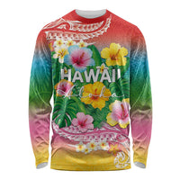 Hawaii Aloha Tropical Leaves and Flower Long Sleeve Shirt with Polynesian Art Tattoo Rainbow Color LT03 Unisex Rainbow - Polynesian Pride