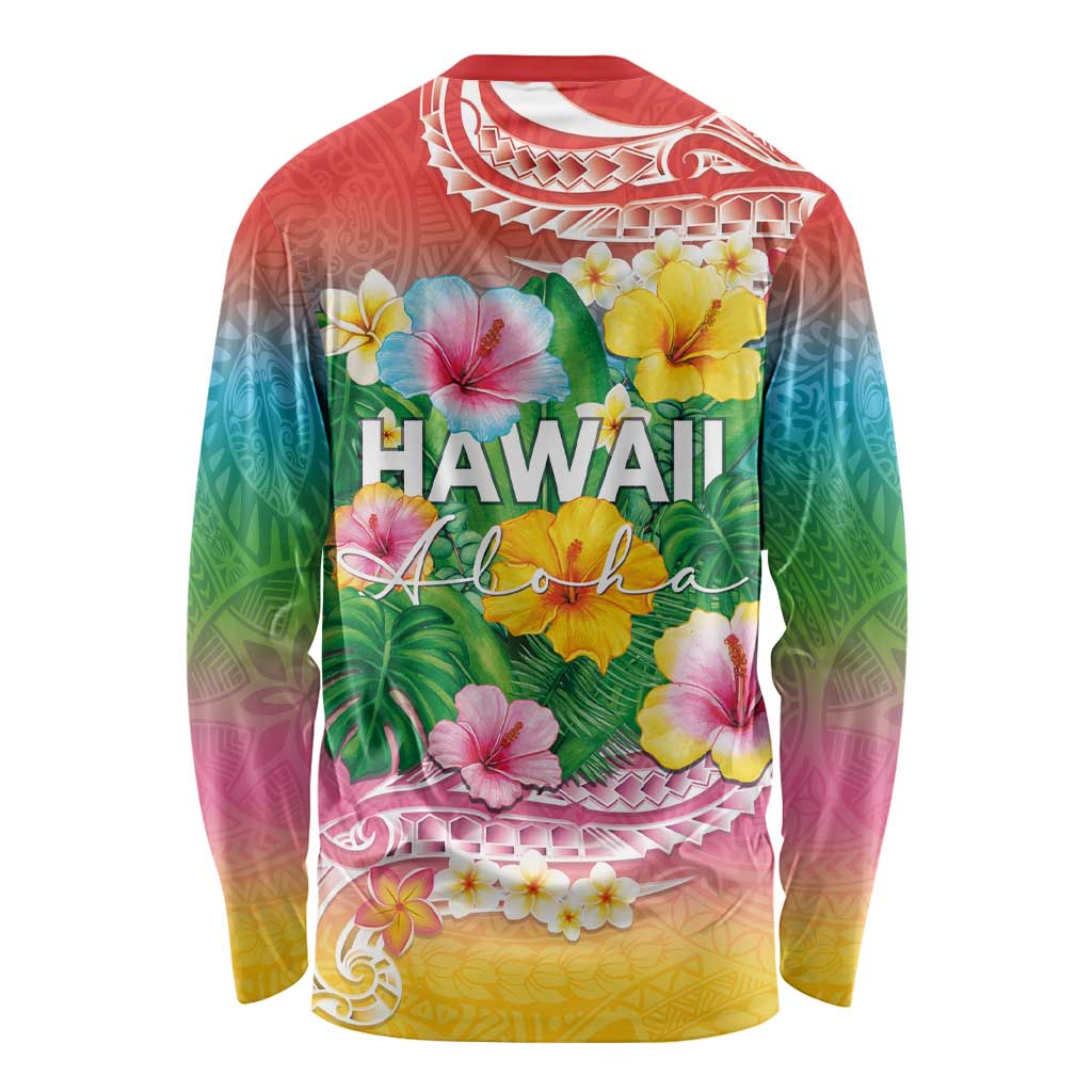 Hawaii Aloha Tropical Leaves and Flower Long Sleeve Shirt with Polynesian Art Tattoo Rainbow Color LT03 - Polynesian Pride