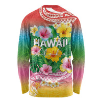 Hawaii Aloha Tropical Leaves and Flower Long Sleeve Shirt with Polynesian Art Tattoo Rainbow Color LT03 - Polynesian Pride