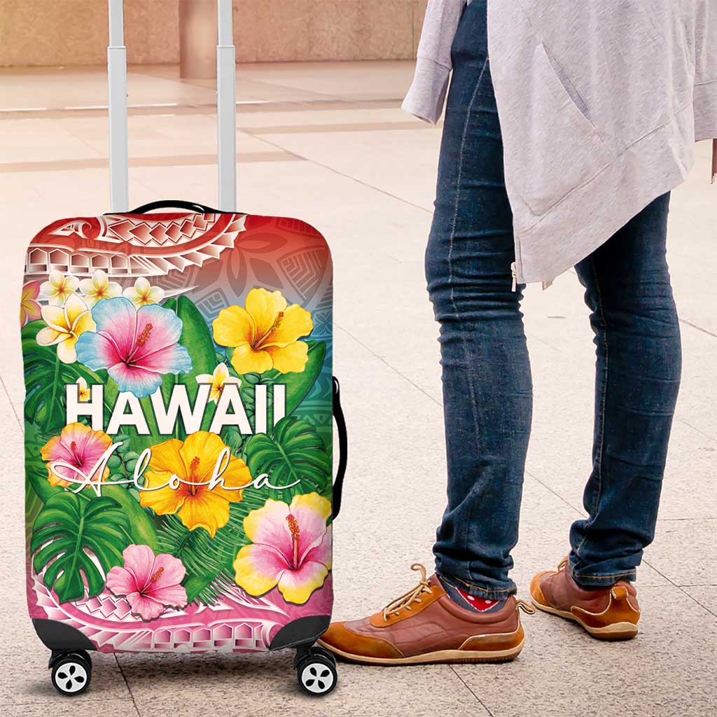 Hawaii Aloha Tropical Leaves and Flower Luggage Cover with Polynesian Art Tattoo Rainbow Color LT03 Rainbow - Polynesian Pride