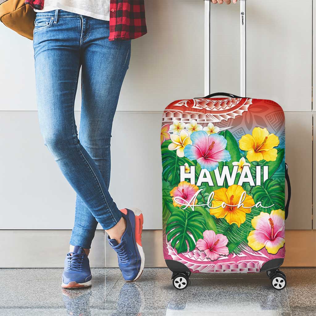 Hawaii Aloha Tropical Leaves and Flower Luggage Cover with Polynesian Art Tattoo Rainbow Color LT03 - Polynesian Pride