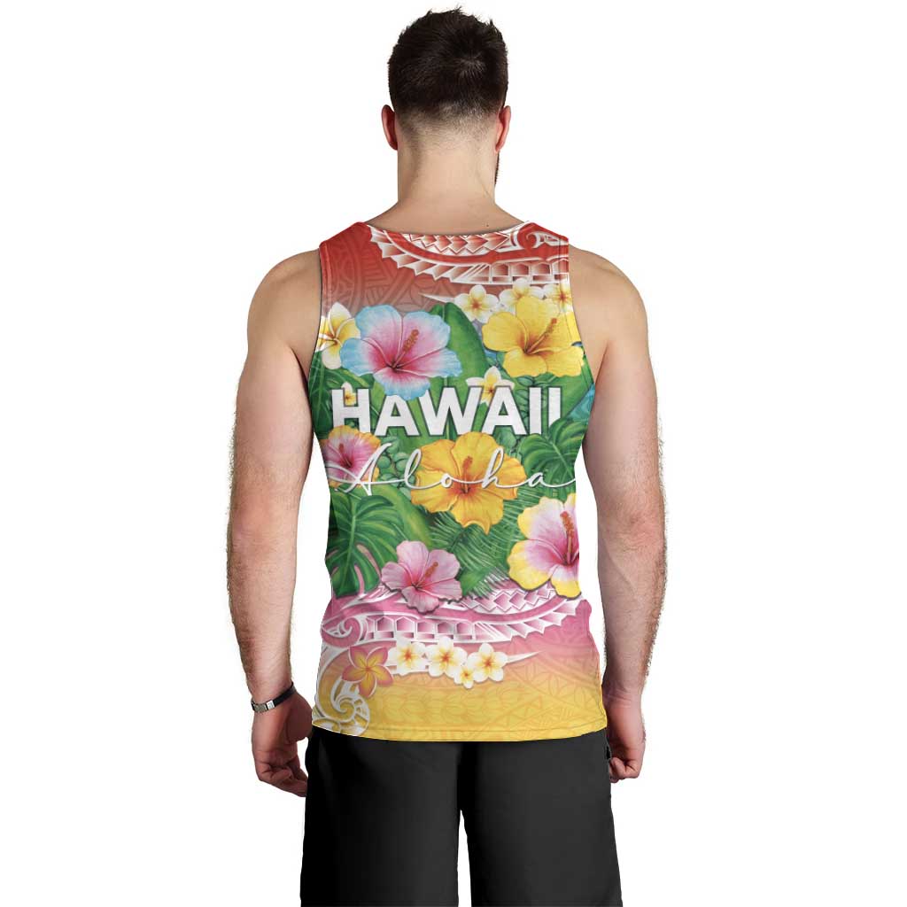 Hawaii Aloha Tropical Leaves and Flower Men Tank Top with Polynesian Art Tattoo Rainbow Color LT03 - Polynesian Pride