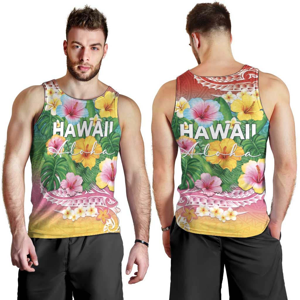Hawaii Aloha Tropical Leaves and Flower Men Tank Top with Polynesian Art Tattoo Rainbow Color LT03 - Polynesian Pride