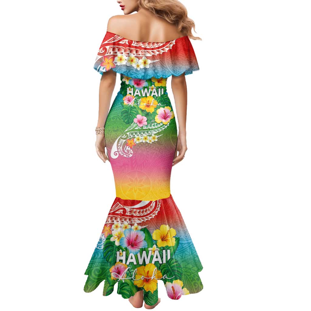 Hawaii Aloha Tropical Leaves and Flower Mermaid Dress with Polynesian Art Tattoo Rainbow Color LT03 - Polynesian Pride
