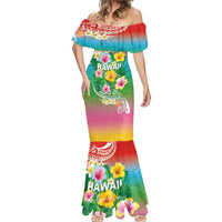 Hawaii Aloha Tropical Leaves and Flower Mermaid Dress with Polynesian Art Tattoo Rainbow Color LT03 - Polynesian Pride