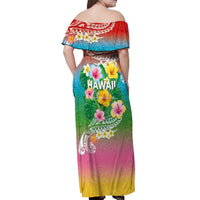 Hawaii Aloha Tropical Leaves and Flower Off Shoulder Maxi Dress with Polynesian Art Tattoo Rainbow Color LT03 - Polynesian Pride