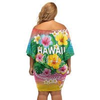 Hawaii Aloha Tropical Leaves and Flower Off Shoulder Short Dress with Polynesian Art Tattoo Rainbow Color LT03 - Polynesian Pride